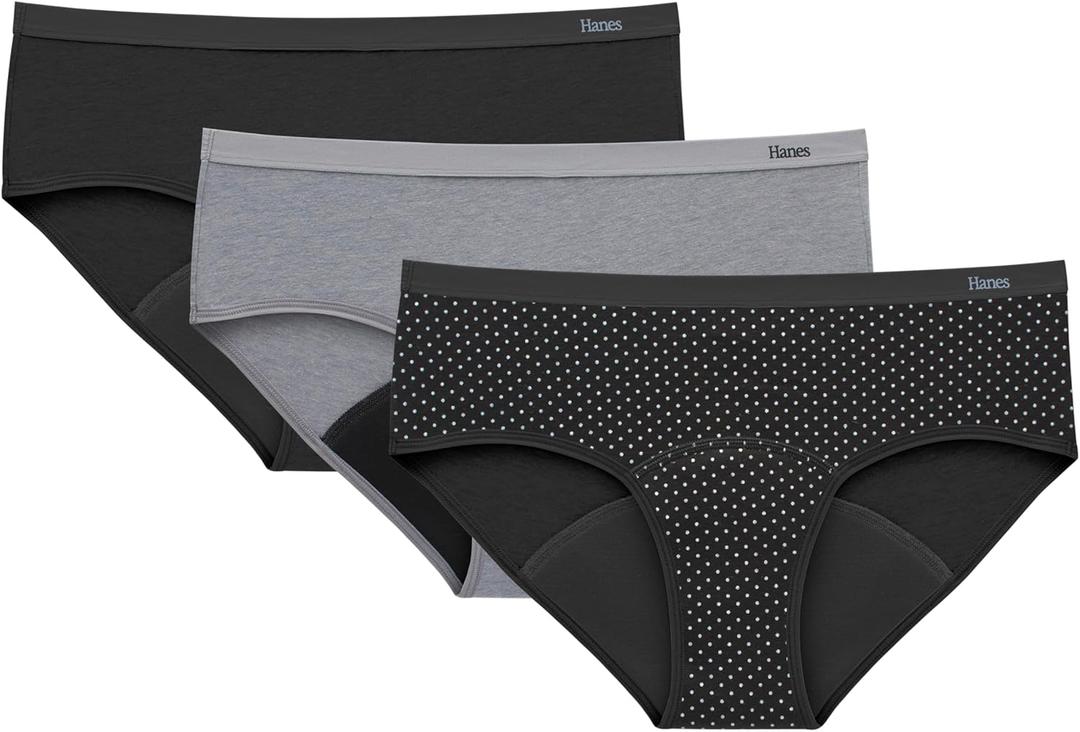 Hanes womens Comfort, Period. Hipsters, Super Leaks Post-partum & Period Underwear, 3-pack (Medium, Black/Concrete Heather/Black) Hanes womens Comfort, Period. Hipsters, Super Leaks Post-partum & Period Underwear, 3-pack (Medium, Black/Concrete Heather/Black)
