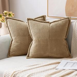MIULEE Khaki Corduroy Pillow Covers 20x20 Inch with Splicing Set of 2 Soft Boho Striped Pillow Covers Broadside Decorative Textured Pillowcases for Couch Cushion Bed Livingroom