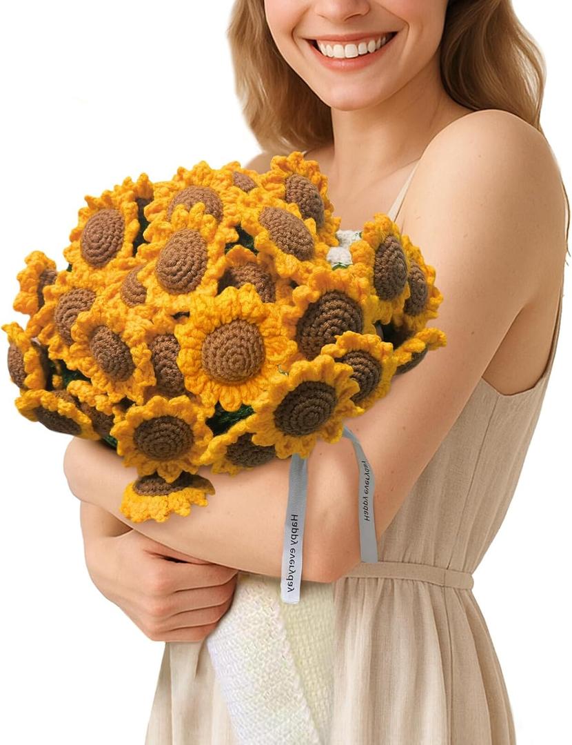 Crochet Flower Bouquet Blanket (59" Finished Blanket) Handmade Soft and Lightweight Sunflower Bouquet Knitted Throw Blankets Gifts for Birthday Christmas