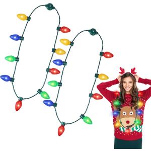 Christmas Necklace Toys for Kids, Light up Falshing LED Light Necklace with Bulbs for Adults, Ugly Xmas Birthday Wedding Rave Carnival New Year Decor, Party Favor Supply Accessories Gift 2 Pack