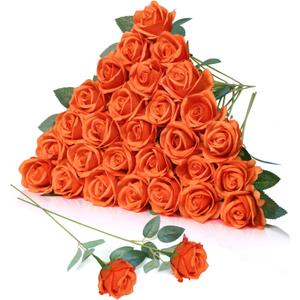30pcs Fake Roses Artificial Silk Flowers Long Stems Bouquet for Wedding Bridal Shower Party Home Decoration (Orange)
