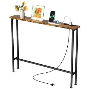 GRLEAF 39" Narrow Console Sofa Table with Built-in Power Strip (2 AC Outlets & 2 USB Ports) – 4.9ft Power Cord, Metal Frame, Easy Assembly, Ideal for Behind Couch, Hallway, and Office | Rustic Brown