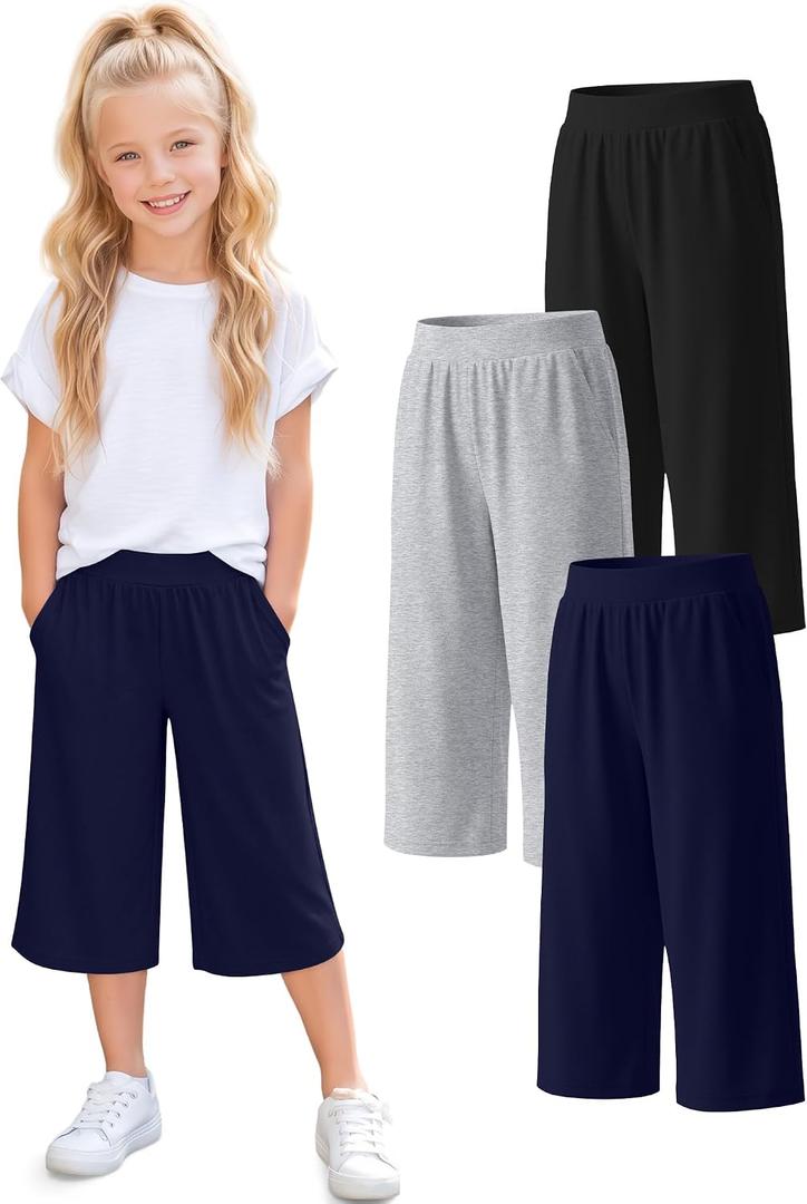 2 x 3 Pack Girls' Capri Pants Wide Leg | Elastic, Waist, Loose Fit, Capris, Casual, Workout, Summer, Cropped, Pants, Pockets