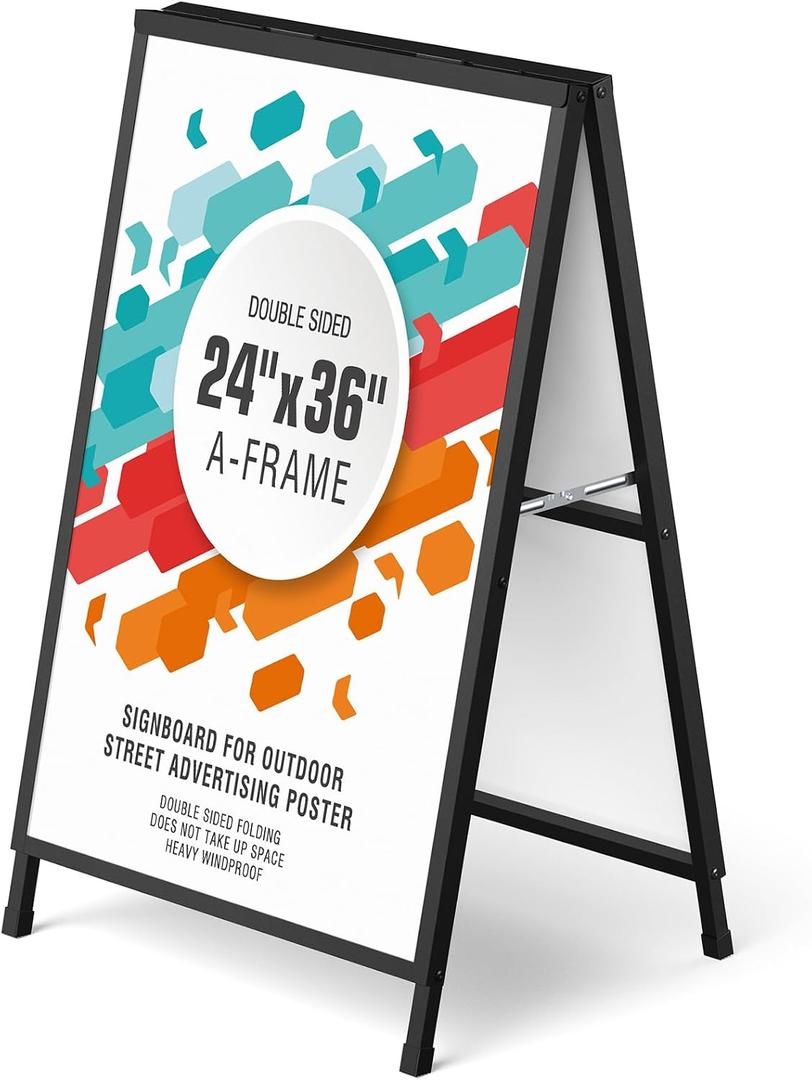 A Frame Sign 24x36 Inch Sandwich Board, Heavy Duty Double-Sided Folding Sidewalk Signboard, Slide-in Steel Metal Frame Sign Display Holder for Outdoor & Indoor Street Poster, Businesses, Advertising