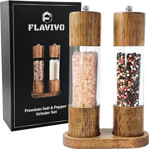 Wooden Salt and Pepper Grinder Set, Manual Premium Acrylic Salt and pepper Mills with Adjustable Ceramic Core and Wooden Stand, 8-Inch Refillable Giftable Shakers (2 Pieces with Tray)