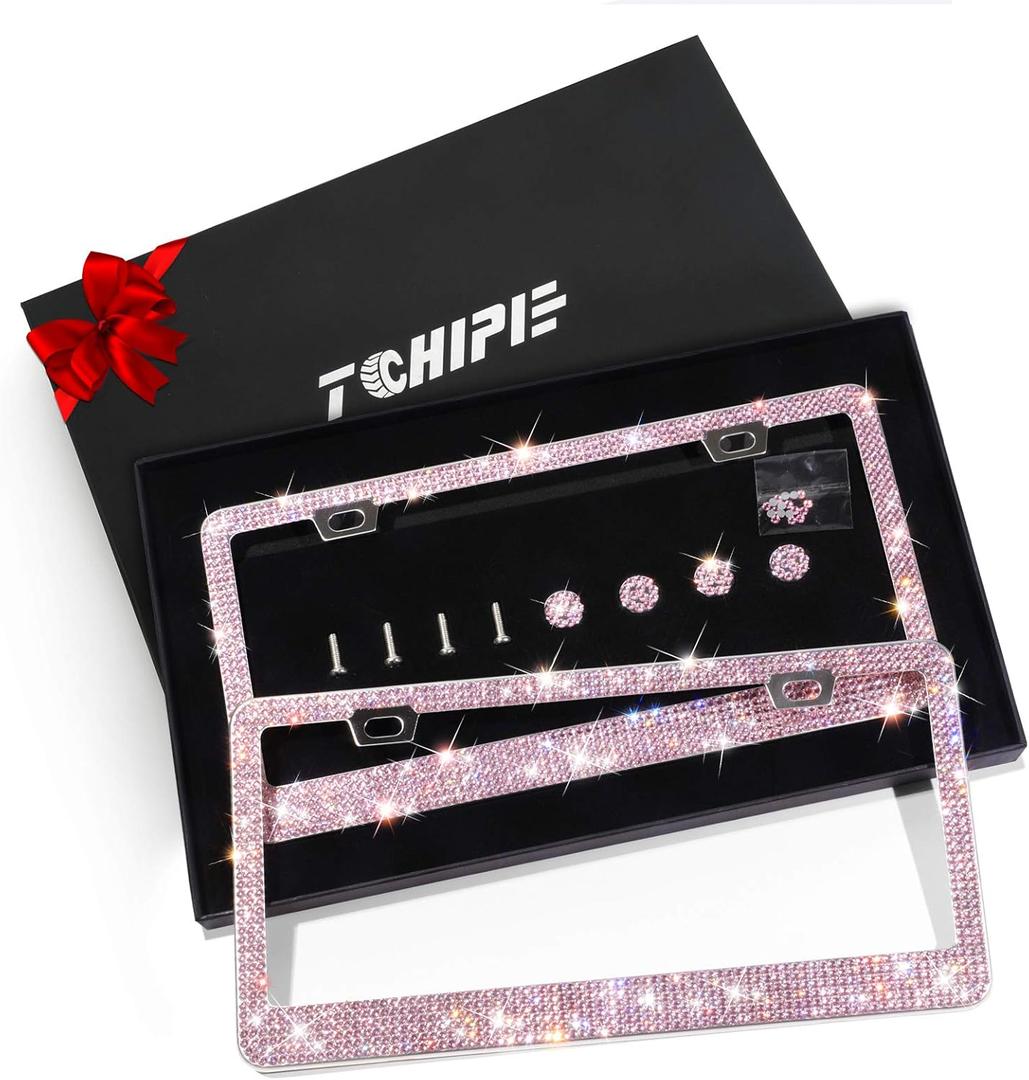 Tchipie 2 Pack Bling Rhinestone License Plate Frames for Women Girl, Bedazzled Sparkly Cute Diamond Car License Plate Frame, Glitter Crystal Tag Caps with Gift Box, Stainless Steel Holder(Pink)