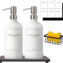 Kitchen Soap Dispenser Set with Instant Dry Tray & Sponge Holder,16 Oz Hand and Dish Soap White Glass Dispenser Set,Stainless Steel Pump,Waterproof Labels,Luxury Soap Bottle for Bathroom