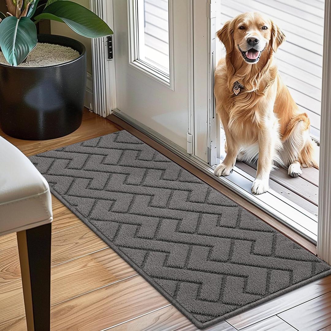 hicorfe Dirt Trapper Indoor Doormat,20"x48" Welcome Door mat,Non Slip Backing Washable Door Mats,Absorbent and Resistant Low-Profile Entrance Inside Floor Mat for Front Back Door,Entryway (Grey)