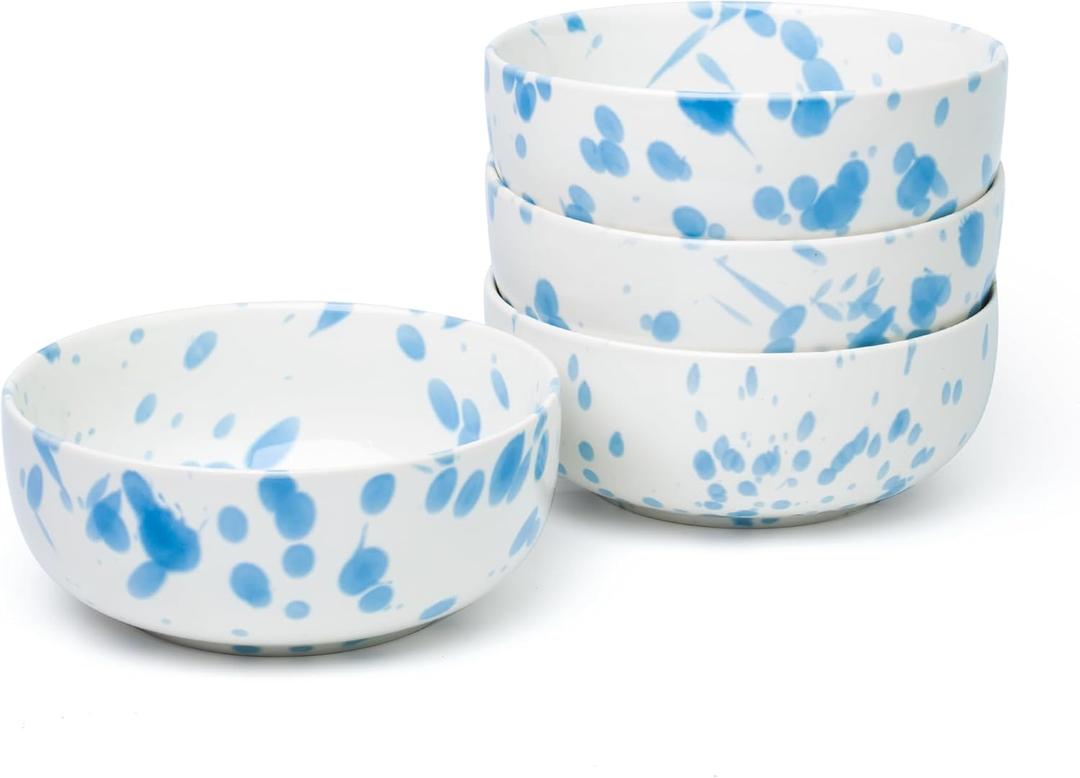 Junko Cereal Bowls Set of 4-36 Ounce Ceramic Bowls, Japanese Noodle Bowl Set, Ceramic Bowls for Kitchen, Breakfast, Oatmeal, Microwave and Dishwasher Safe (Splash Blue)