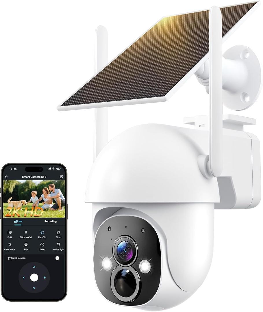 2K Solar Security Cameras Wireless Outdoor, 360 View WiFi Cameras for Home Security with Color Night Vision, Battery Powered, PIR Detection, Spotlight Siren Alarm, Only 2.4Ghz WiFi (P45-J)