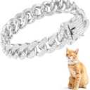 Amabro Cat Chain Collar, Diamond Cuban Link Kitten Walking Collar with Secure Buckle 12mm Wide Pet Rhinestones Necklace Metal Chain Jewelry Accessories for Cats Dogs Kittens Puppies 8inch(Silver)