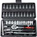 esahpss 46 Pieces Mechanic Tool Kit,1/4” Dr. Socket Ratchet Wrench Set Bit Sockets Extension Bar,Metric Mechanical Tool Kit for Auto Repairing Household