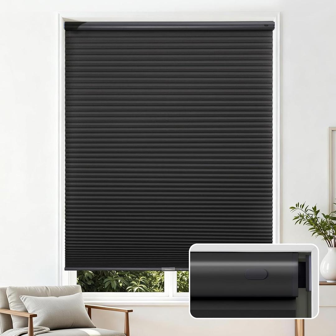 Joydeco No Tools No Drill Cordless Cellular Shades, Light Filtering Honeycomb Blinds for Indoor Windows, Thermal Insulating & Noise Reducing (Black, 30" W x 64" H)