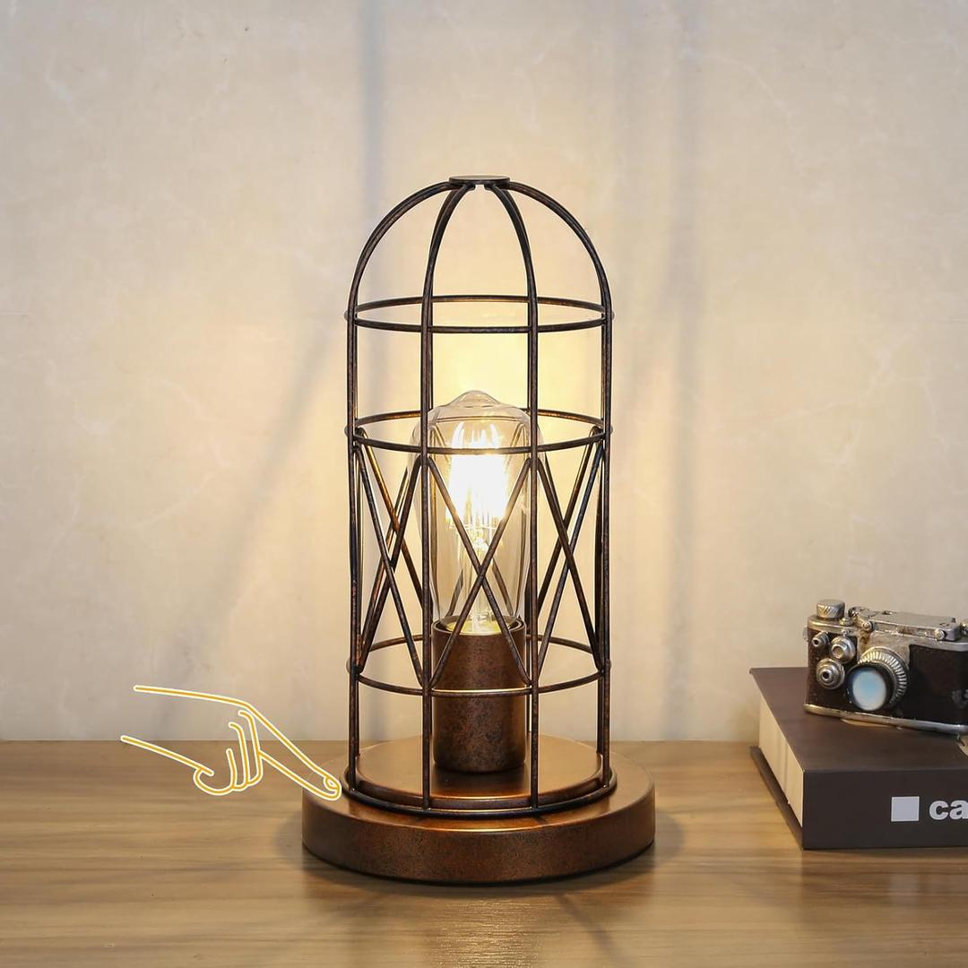 Small Touch Lamp, Industiral Bedside Table Lamps with Antique Bronze Cage, 3 Way Dimmable Nightstand Steampunk Edison Lamp for Bedroom Living Room Kitchen, LED Bulb Included