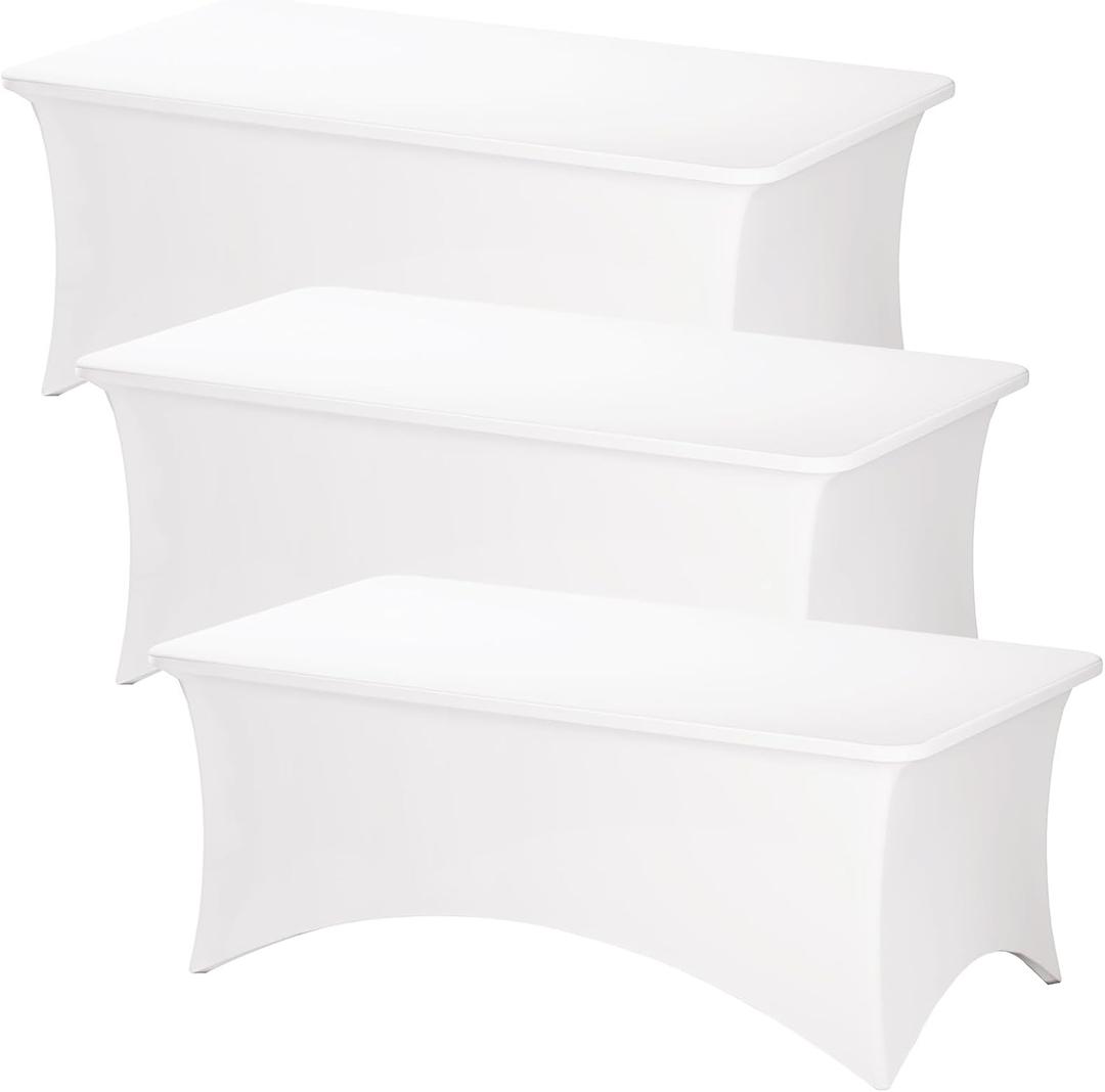 Fixwal 3 Pack White Table Cloths Rectangle 8FT, Tablecloths Rectangular Stretch Spandex Fitted Table Covers 8FT for Parties, Trade Shows, Banquet, Weddings, Buffet, Graduation Decorations