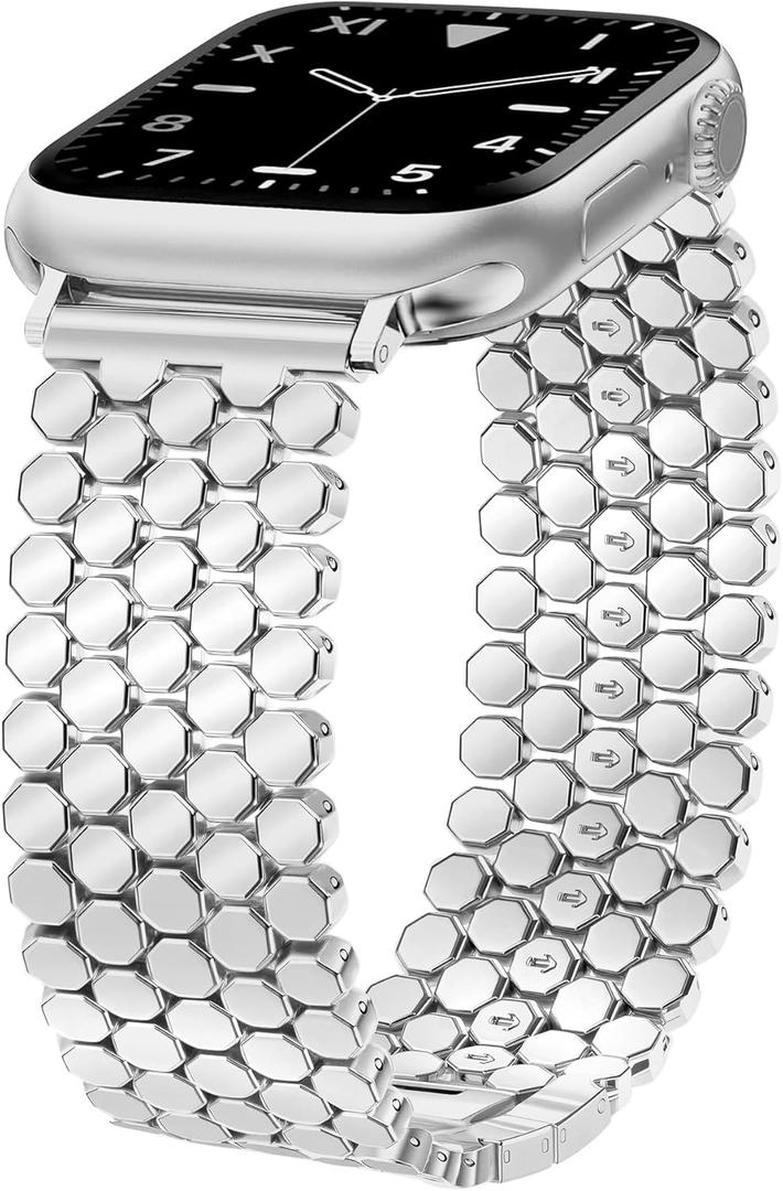 JR.DM Silver Bands Compatible with Apple Watch 38mm 40mm 41mm 42mm(S10/11) for Women Dressy Pretty Metal Honeycomb Luxury Elegant Strap Replacement for iWatch Series 11/10/9/8/7/SE/6/5/4/3/2/1