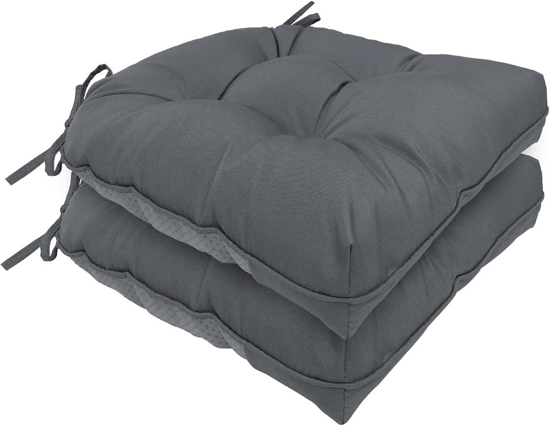 Chair Cushions for Dining Chairs Set of 2 Non Slip Cushions for Kitchen Chairs 4" Thick Seat Cushions 2 Pack Waterproof Chair Pads for Dining Room Indoor with Ties 16.5"x16.5" Tufted Memory Foam Grey