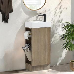 16" Small Bathroom Vanity with Sink Narrow Depth Bathroom Vanities,Wood Vanity Cabinet,Soft Closing Door,Adjustable Shelves,Modern Wall Decor,Grey (Grey Oak)