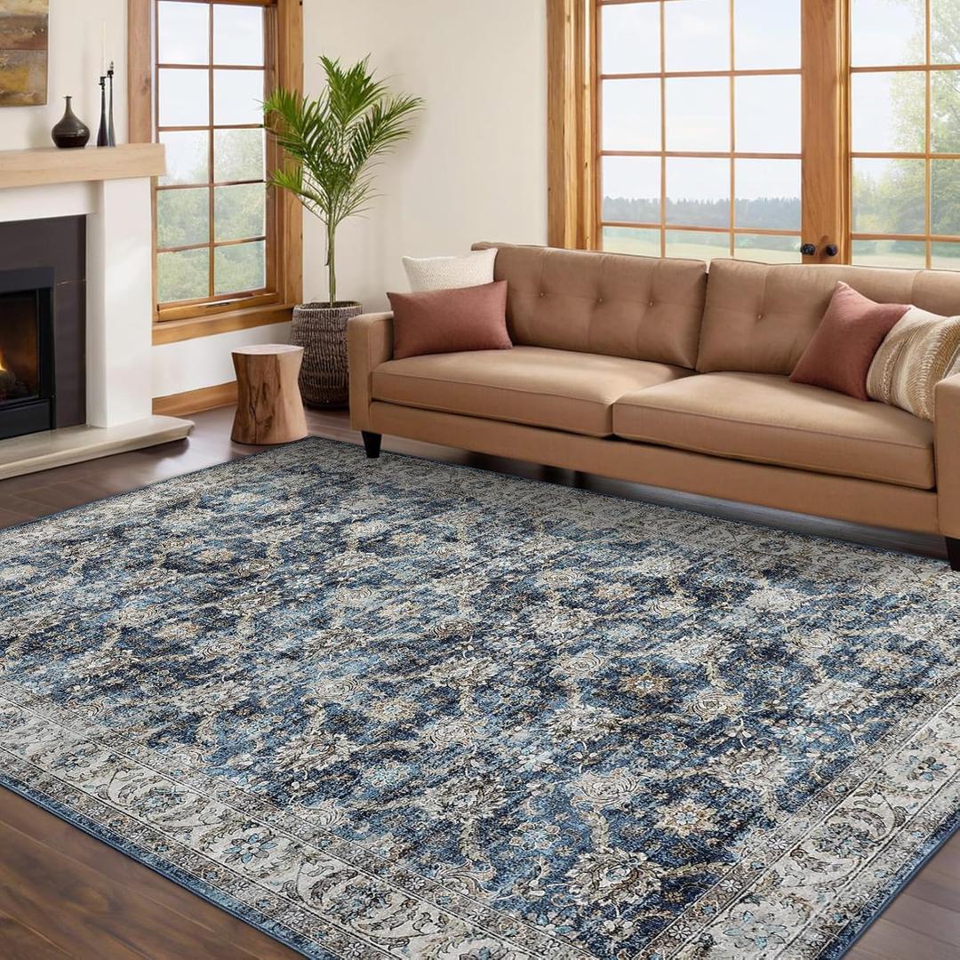 GarveeHome Area Rug 8x10 Washable Living Room Rug Non Slip Distressed Floor Cover Foldable Low Pile Traditional Accent Rug Floral Print Soft Throw Carpet for Bedroom Dining Room Office, Blue