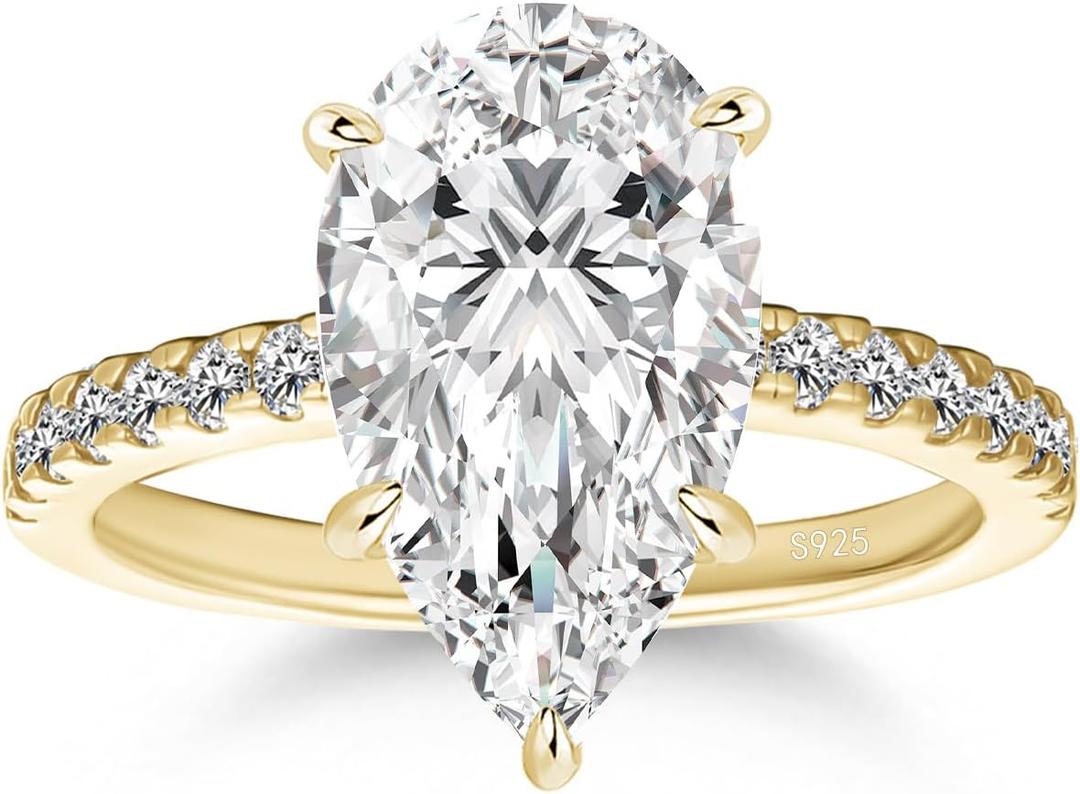 RODIFFY 3 Carats Pear Cut Moissanite Ring for Women, Lab Created D Color VVS1, 14K Gold Plated S925 Silver Engagement Ring with Pavé Band (14K Silver, 7)