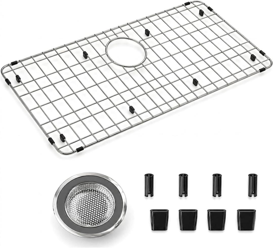 ARCCI Sink Bottom Grid 26-1/8" x 14-1/8", Stainless Steel Sink Protector with Rear Drain Hole, One-Piece Sink Grate with Hole Cover for Single Bowl Kitchen Sink, Metal Sink Rack