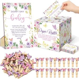 102 Pcs Butterfly Baby Shower Game Supplies Diaper Raffle Tickets with Diaper Raffle Card Box Don't Say Baby Sign Mini Butterfly Clothespin Game Decor for Gender Reveal Favor