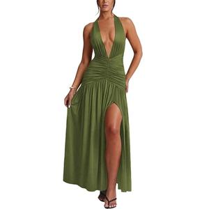 Ekaliy Women's Sexy Halter Deep V Neck Maxi Dress Sleeveless Backless High Slit Ruched Long Dress Party Cocktail Dresses Green, Large, Green Ekaliy Women's Sexy Halter Deep V Neck Maxi Dress Sleeveless Backless High Slit Ruched Long Dress Party Cocktail Dresses Green, Large, Green