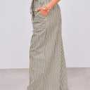 Yeokou Women's Wide Leg Pants Drawstring Striped Cotton Mid Rise Casual Long Palazzo Trousers with Pockets (Beige, L)
