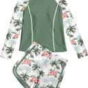 Vogseek Girls Rash Guard Swimsuits 2 Piece Bathing Suit UPF 50+ Summer Swimwear (11-12 Years, A Green Red)