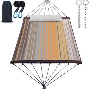 14ft Two Person Outdoor Hammock, Portable Camping with Folding Steel Spreader Bar, Carrying Bag, Carabiners, Tree Straps, Pillow & Sidebag, Quick Dry Textilene, 550 lbs Capacity (Coffee)