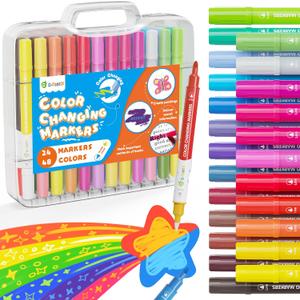 D-FantiX Color Changing Markers for Kids Adults, 24 Pack 48 Colors Dual Tip Magic Drawing Pens Art Supplies, Arts and Crafts Coloring Set, Car Airplane Travel Activities, Gifts for Boys Girls Teens