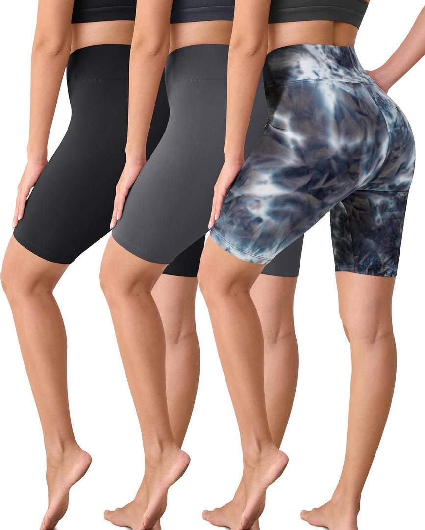 VALANDY Creamlush 3 Pack Biker Shorts for Women -8" High Waisted Soft Stretchy Spandex Athletic Yoga Shorts (Medium-Large, 3 Packs-black/Dark Gray/Black Tie-dye)