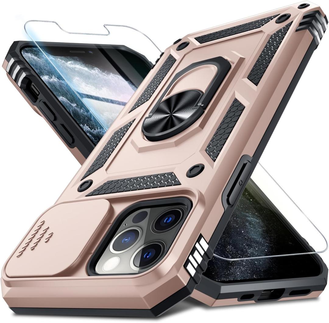 Janmitta Case for iPhone 14 & iPhone 13 Phone Cover Built in Slide Camera Lens Cover+Screen Protector,Heavy Duty Shockproof Full Body PhoneCase with Finger Ring Holder Kickstand,Rose Gold