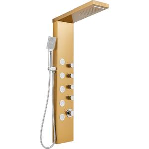 ROVOGO Gold Shower Panel Tower System with 4 Simultaneous Functions: Rainfall, Waterfall, Body Jets and Handheld, Stainless Steel Shower Column, 46.5", Wall-Mount