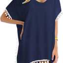 Yincro Womens Swimsuit Pom Poms Beach Bathing Suit Cover Ups for Swimwear(Pom Navy Blue, 1X) 