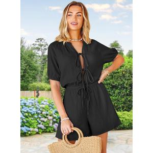 Fixmatti Women Summer Romper - Self Tie V Neck Casual Jumpsuit L