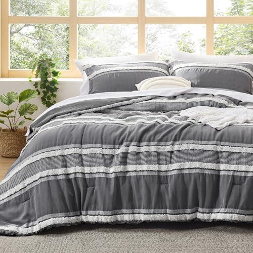 Bedsure Boho Comforter Set Queen - Dark Grey Jacquard Bedding Queen Size, 3 Pieces Farmhouse Shabby Chic Embroidery Bed Set, Soft Fluffy Tufted Striped Comforter for All Seasons