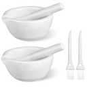 2 Sets Mini Porcelain Mortar and Pestle Set Porcelain Herb Grinder Crusher Grinding Bowl Kitchen Mixing Grinding Bowl with 2 Pieces Brushes for Seasonings, Sesame, Herbs, Medicine(60 mm)