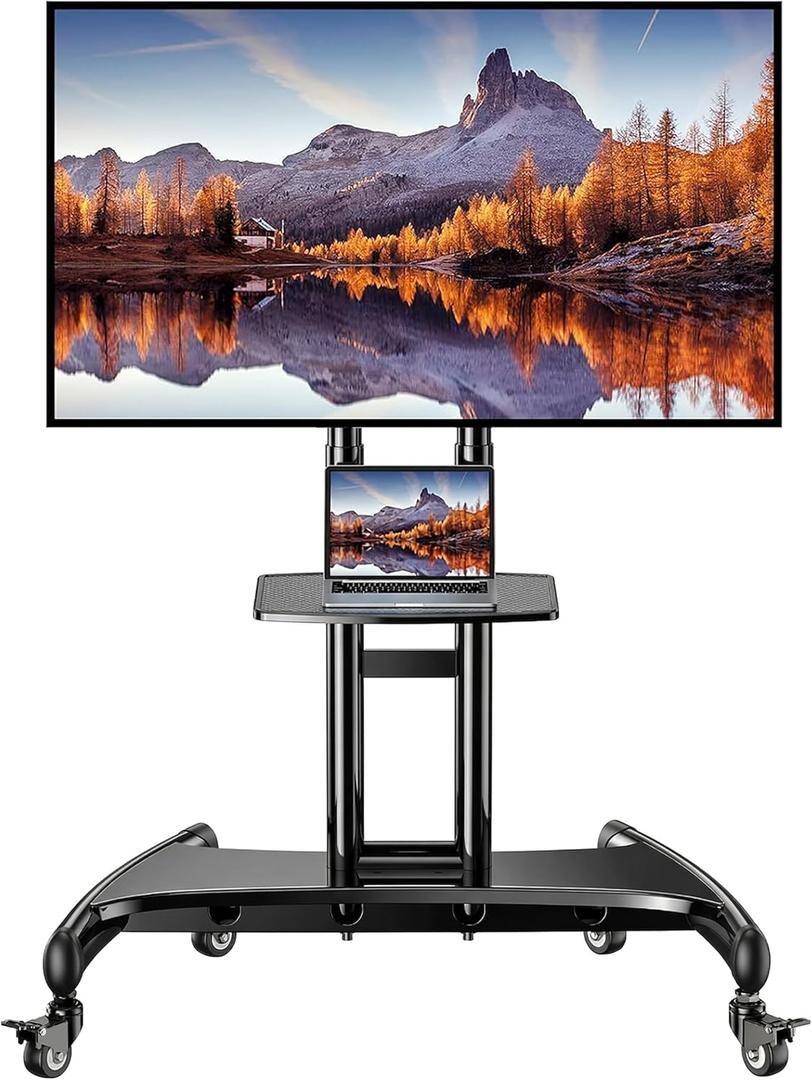 Perlegear Mobile TV Cart for 32-82 Inch Flat/Curved LED/LCD/OLED TVs Rolling TV Stand with Height Adjustable Shelf Max VESA 600x400mm up to 100lbs- Outdoor TV Stand Trolley with Wheels PGTVMC05-1