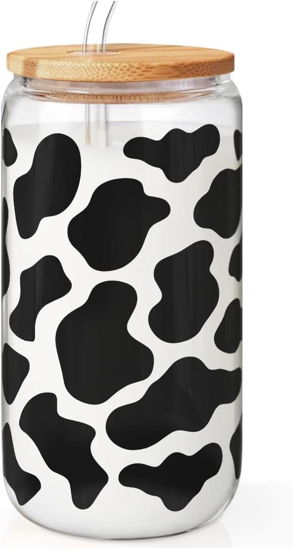SANDJEST Cow Glass Can, Cow Prints Cup with Lid & Straw, Iced Coffee Aesthetic Cups, Idea Gift for Christmas Birthday Mother Day, Gifts for Women, 16oz