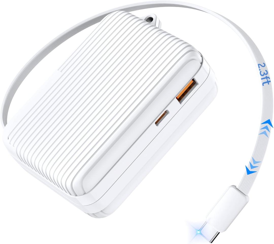 YKZ 10000mAh Portable Charger with Built-in Retractable C Cable, Fast Charging Power Bank with USB-C & USB-A Output, Compact Battery Pack for Travel, Flight Approved