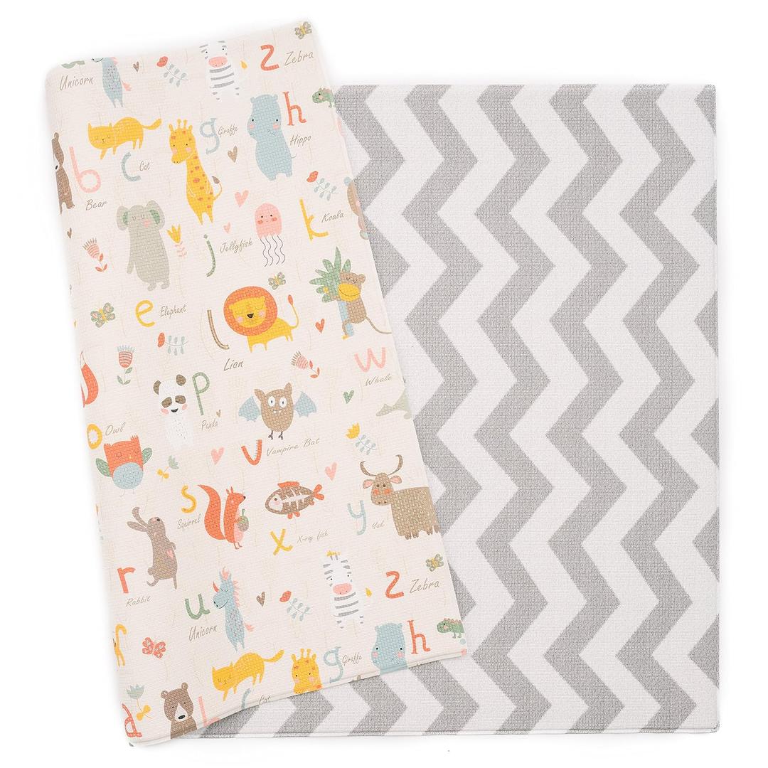 Baby Care Play Mat (Large, Zig Zag - Grey) 82'' x 55'' Original One-Piece Reversible Rollable Waterproof Play Mat for Infants, Babies, Toddler, and Kids