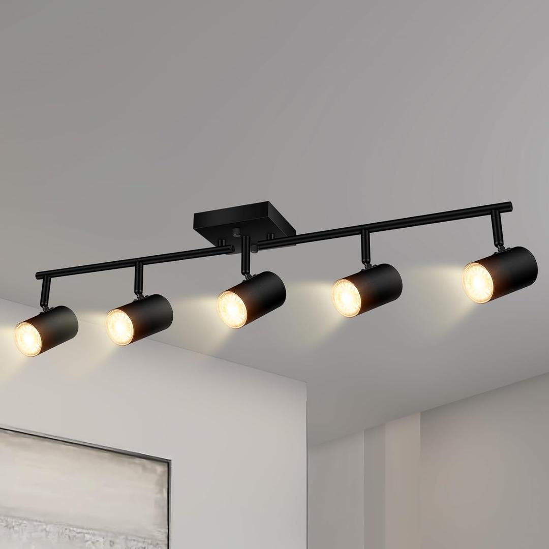 BoostArea Track Lighting Kit, Kitchen Lighting Fixtures Ceiling, 5 Light Track Lights, Rotatable Light Heads, Modern Track Lighting Fixtures Ceiling for Bedroom/Living Room,GU10 Bulb Not Included (Black)
