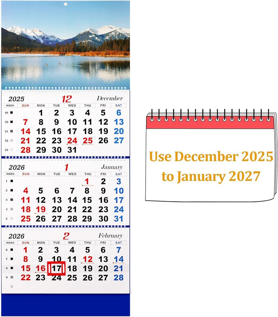 Whiidoom 2026 Wall Calendar Monthly Calendar 3-Month Large Wall Calendar Thick Paper 2025-2027 Calendar 14-Month Calendar for Family Office (Blue-3)