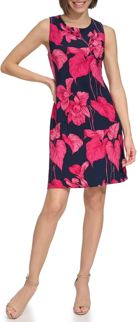 Tommy Hilfiger Women's Matte Jersey Palm Hot Fix Dress, Sky Captain/Carmen Rose, Size 2