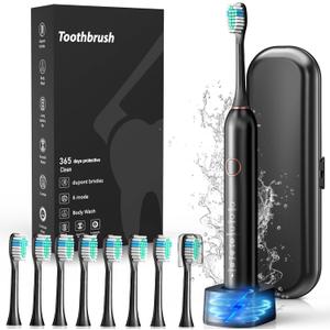 Electric Toothbrush, Sonic Type for Adults & Teens, 8 Brush Heads, Travel Case, 6 Modes, 40000 VPM Electric Motor, IPX7 Waterproof, 2 Minutes Timer, Wireless Charging, One Charge for 100 Days (Black)