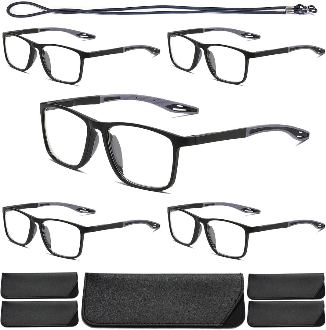 Hubeye TR90 Sports Reading Glasses for Men and Women Ultralight Flexible Anti-Blue Light Readers（Black+Black+Black+Black+Black，+1.5）