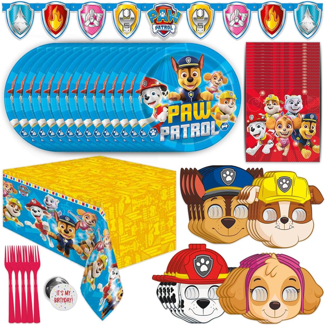 Paw Patrol Birthday Decorations Party Supplies for 16 Guests - Complete Officially Licensed Kit with Plates Napkins Banner and Masks Party Favors Set for Kids