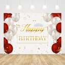 7x5ft Gold Happy Birthday Backdrop Red White Balloons Silver Crown Photography Background Birthday Party Decorations Cake Table Baner Wall Decor Props Vinyl Fabric