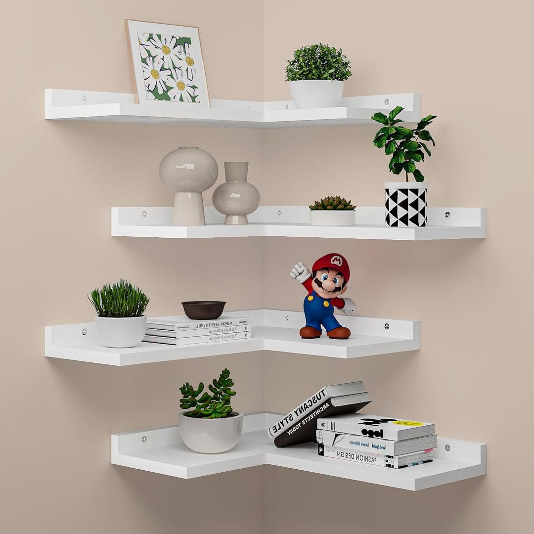 4-Tier Corner Floating Shelves, Rustic Pine L-Shaped Shelves for Creative Wall Storage in Bedroom, Bathroom & Any Room - White